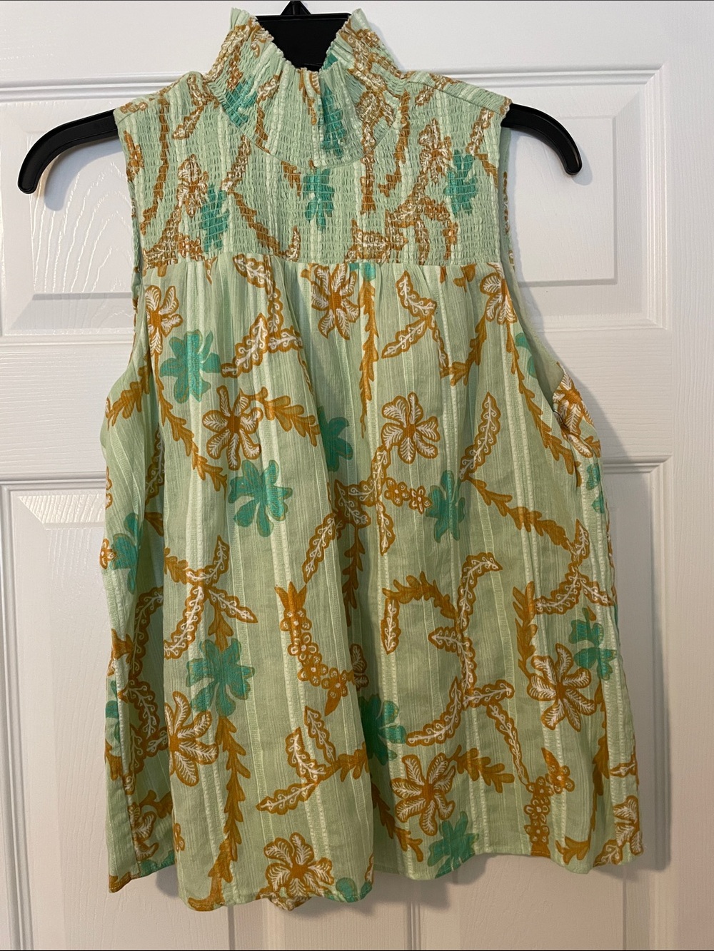 Joie Mint Green Floral Smocked Mock Neck Camisole with Mustard Accents
